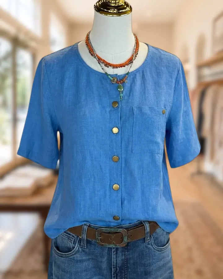 Button Front Short Sleeve Blouse With Chest Pocket