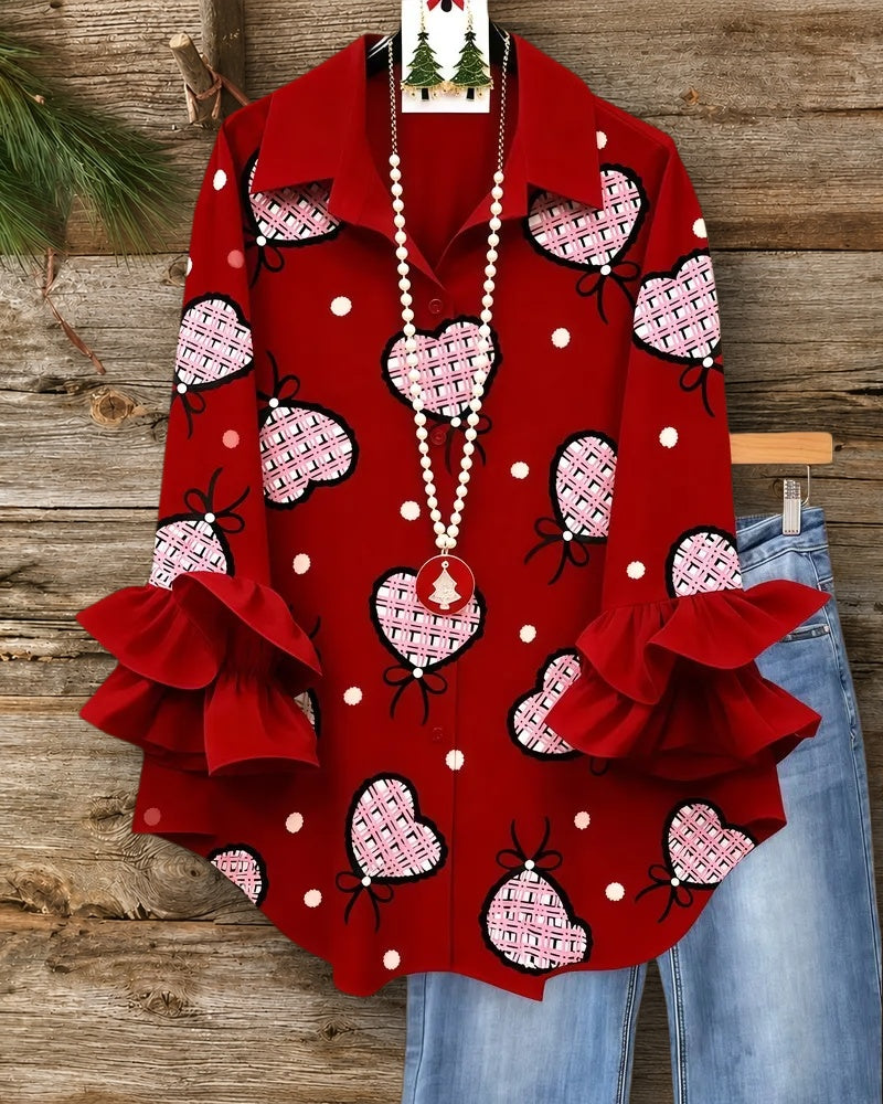 Heart Print Cute Ruffle Sleeve Button Up Blouse