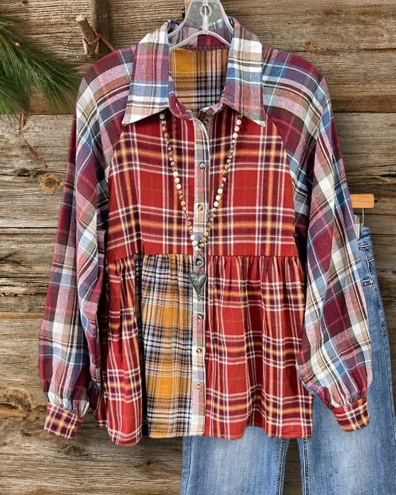 Mixed Plaid Classic Button Up Peplum Blouse