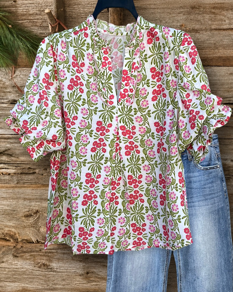 Floral Print Pretty V Neck Puff Sleeve Blouse