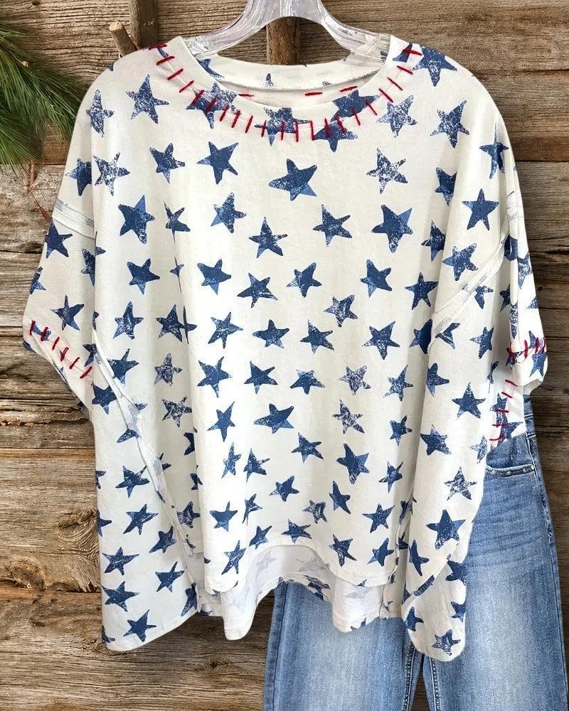 Star Print Contrast Stitch High Low Oversized Casual T-Shirt