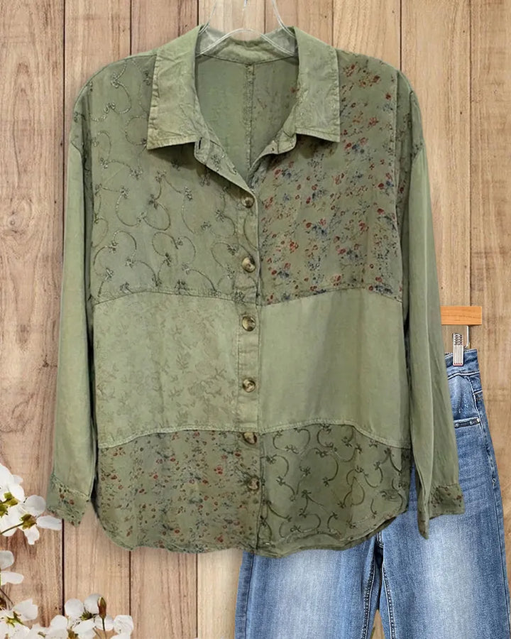 Patchwork Embroidered Button Front Collared Long Sleeve Casual Shirt