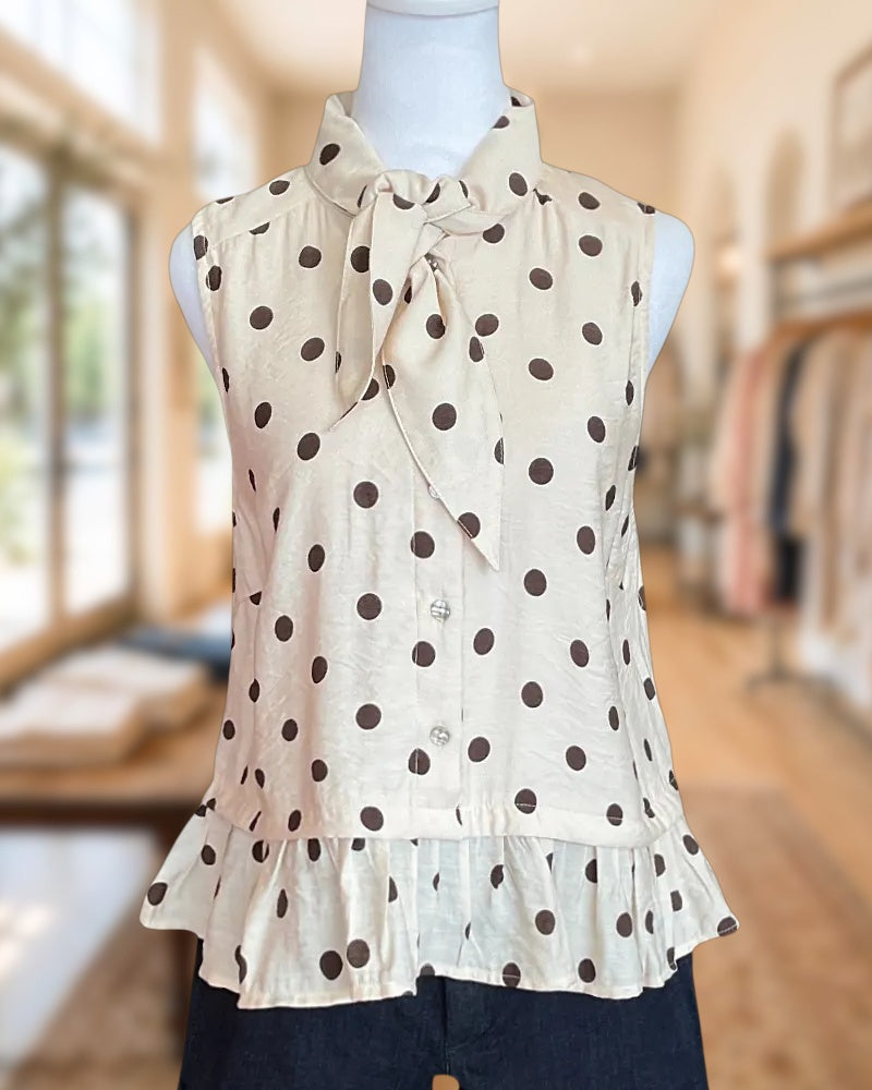 Polka Dot Tie Neck Button Front Sleeveless Peplum Hem Blouse