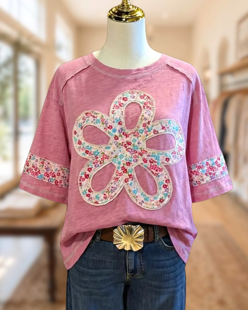 Flower Applique Cute Round Neck Shirt