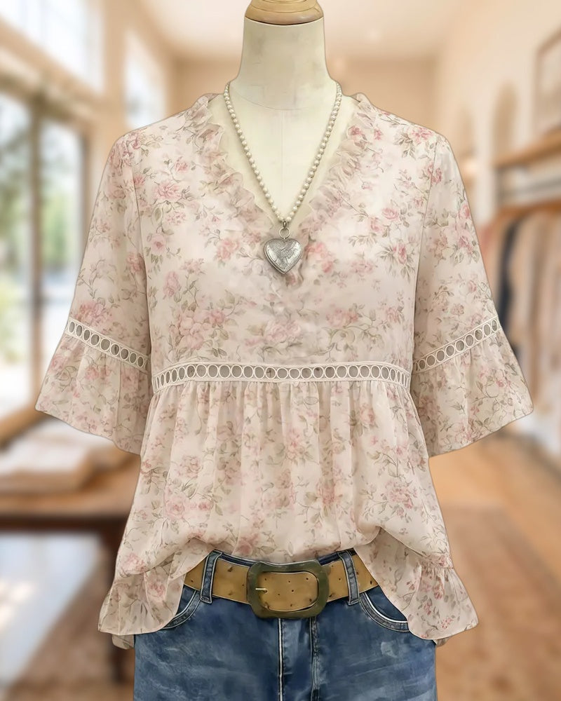 Floral Print Lacy Insert Glamorous Ruffle Sleeve Blouse