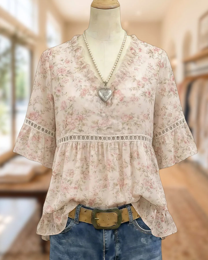 Floral Print Lacy Insert Glamorous Ruffle Sleeve Blouse