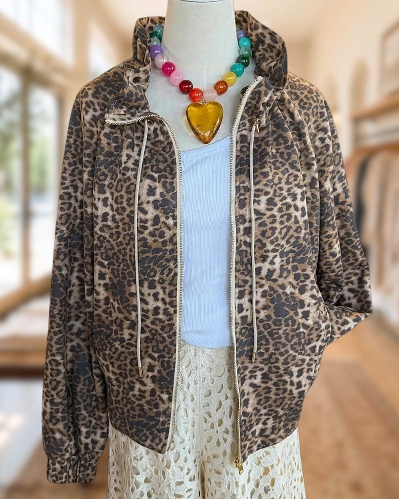 Leopard Print Zip Up Stand Collar Casual Drawstring Jacket