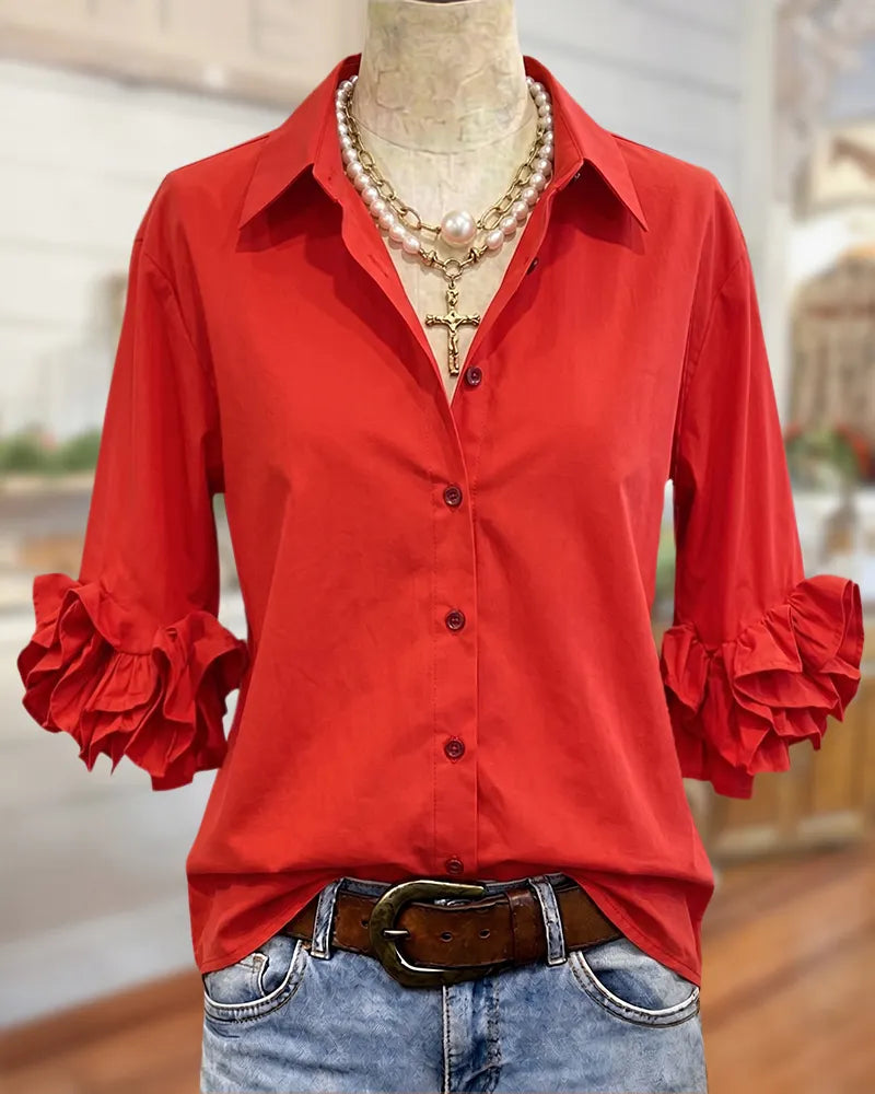 Lapel Button Ruffle Cuff Shirt
