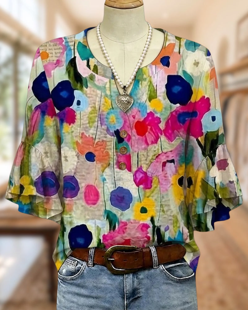 Floral Print V Neck Ruffle Sleeve Pretty Blouse