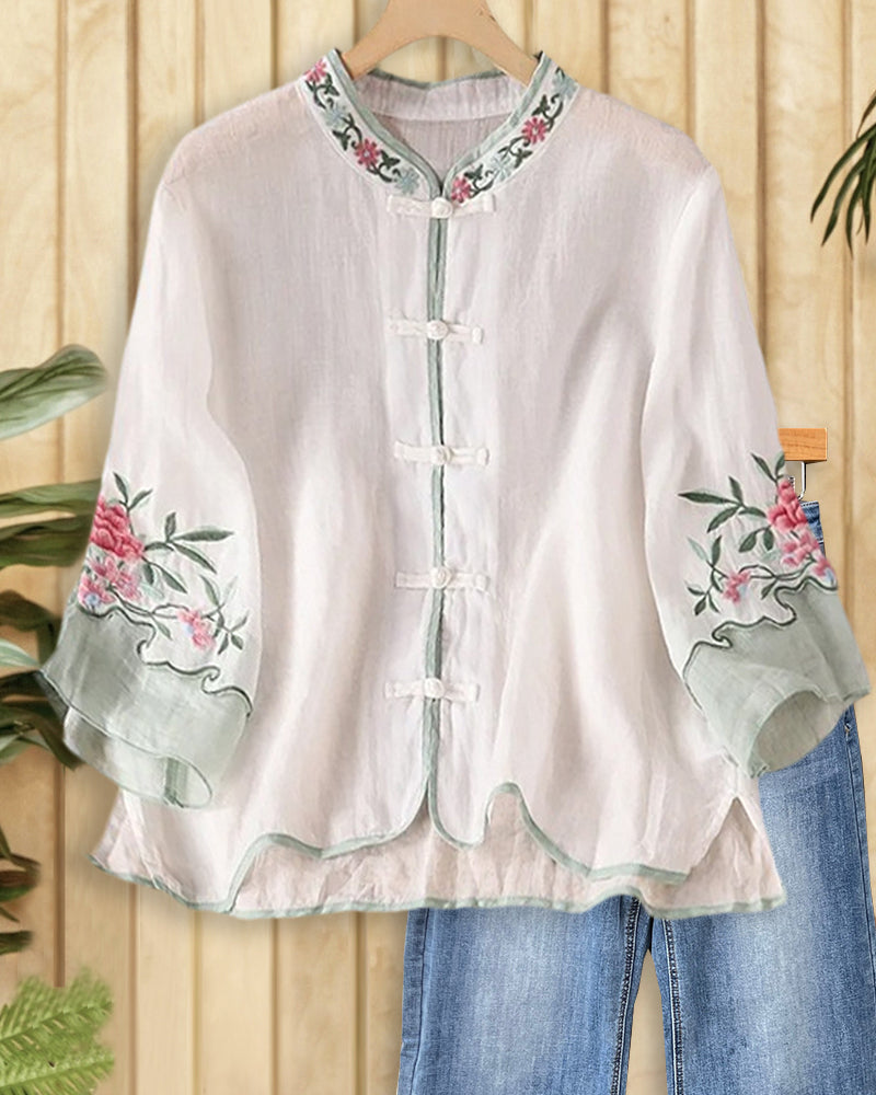 Mandarin Collar Frog Closure Embroidered Flare Cuff Blouse