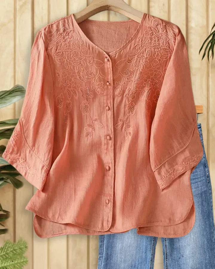 Floral Embroidered V Neck 3/4 Sleeve Button Front Blouse