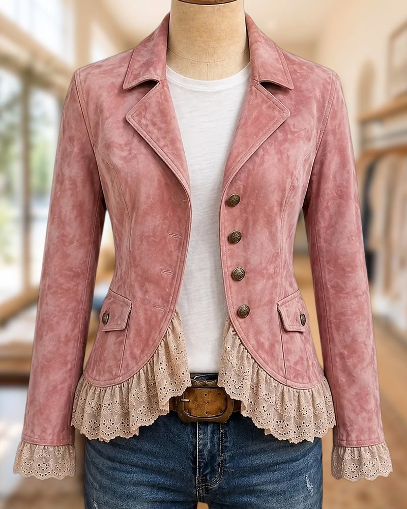 Lapel Lace Trim Single Breasted Feminine Solid Color Jacket