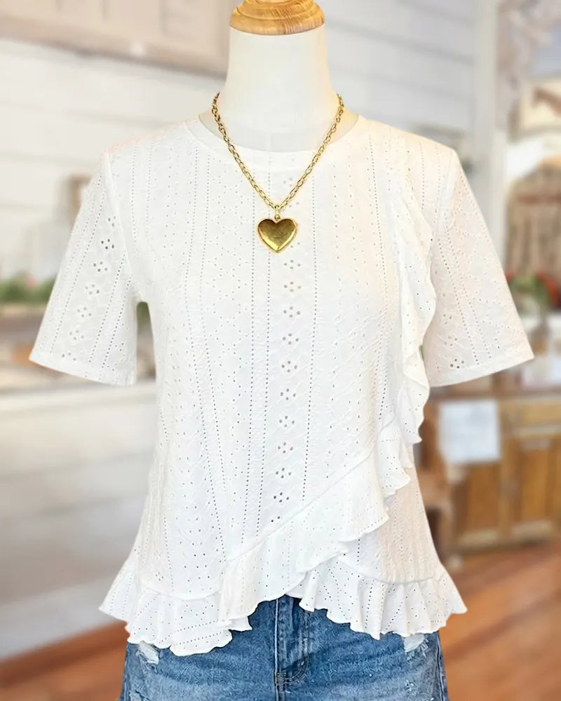 Eyelet Ruffled Trim Short Sleeve Round Neck Casual Blouse