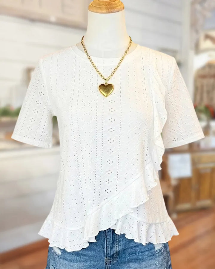 Eyelet Ruffled Trim Short Sleeve Round Neck Casual Blouse