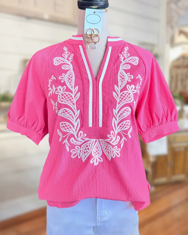 Floral Embroidery V Neck Puff Sleeve Bohemian Blouse