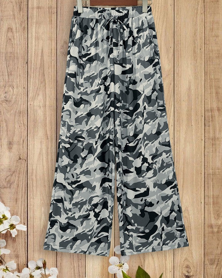 Camouflage Print Drawstring Waist Wide Leg Casual Pants