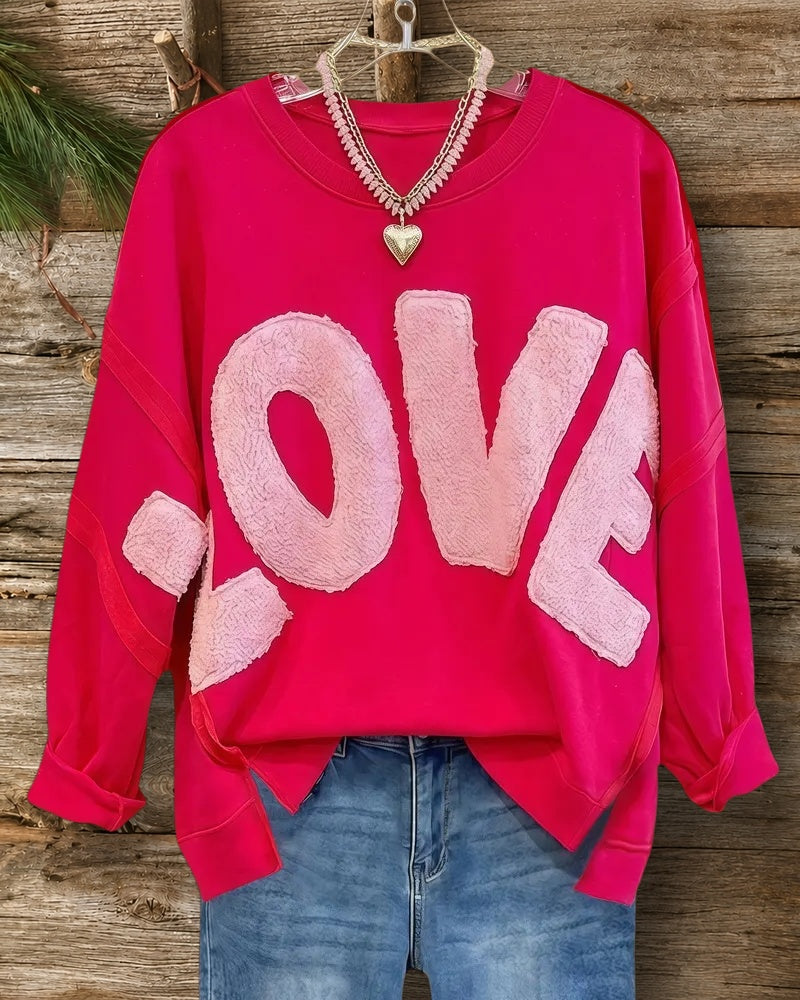 Valentine's Day Letter Applique Dropped Shoulder Long Sleeves Round Neck Pretty Sweatshirt