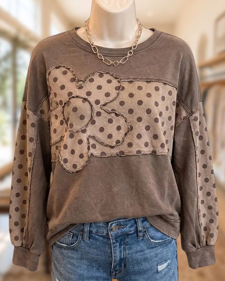 Long Sleeve Polka Dot Patchwork Flower Applique Crew Neck Sweatshirt