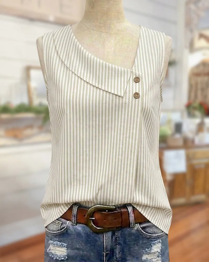 Striped Asymmetric Neck Button Detail Sleeveless Casual Tank Top