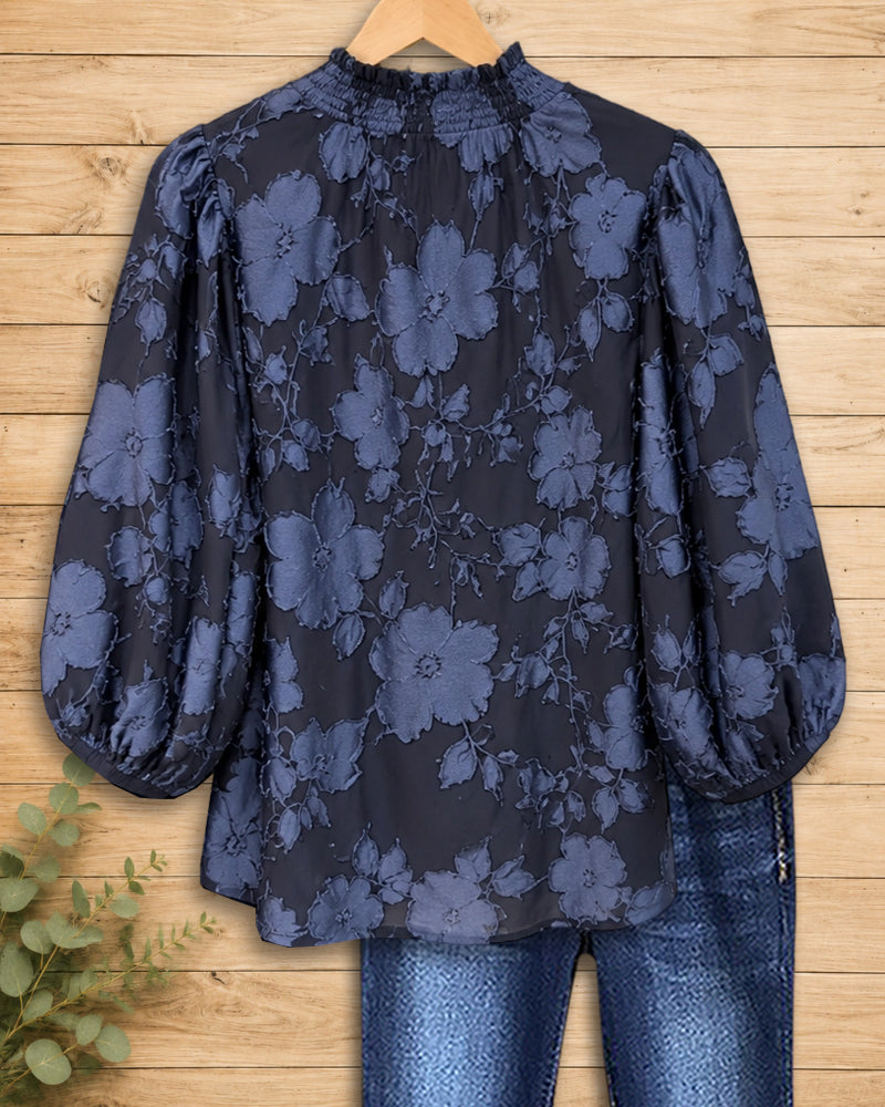V Neck Textured Floral Gathered Lantern Sleeve Loose Fit Blouse