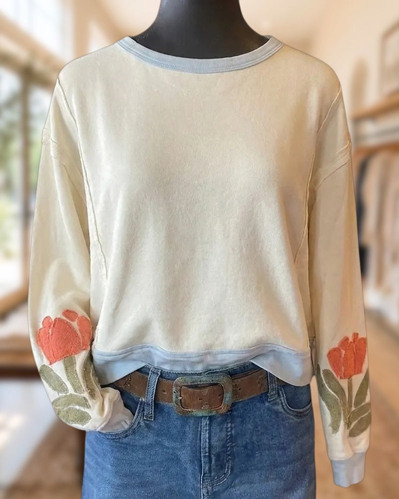 Floral Applique Long Sleeve Contrast Trim Crew Neck Sweatshirt