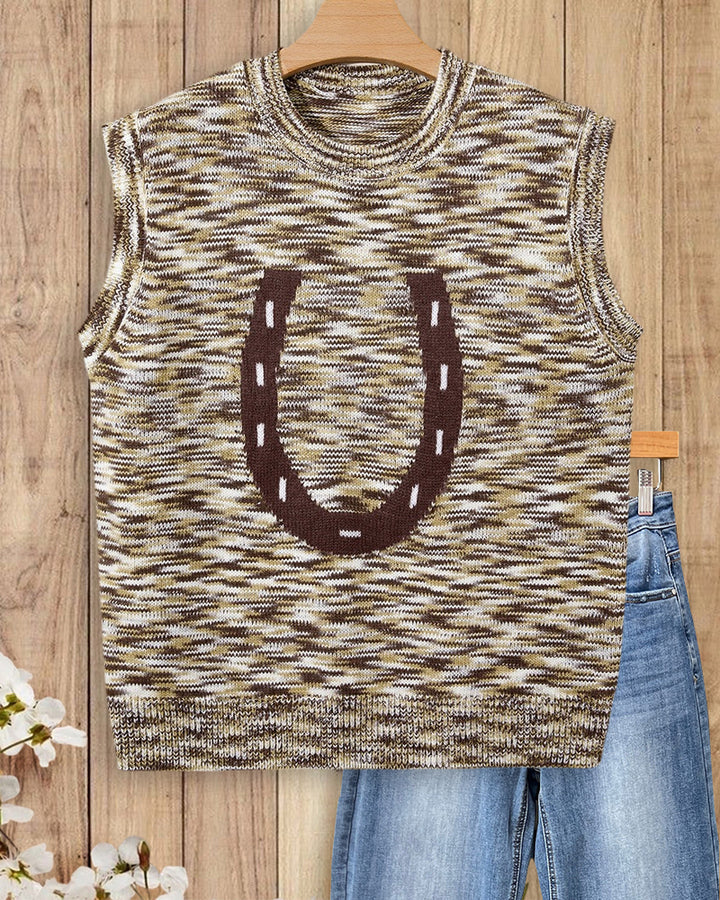 Horseshoe Graphic Marled Knit Sleeveless Casual Daily Layering Vest