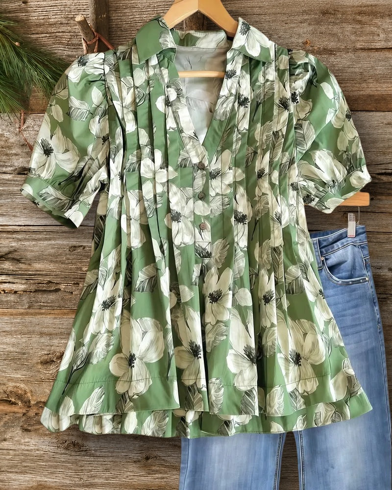 Floral Print Classic V Neck Pleated Blouse