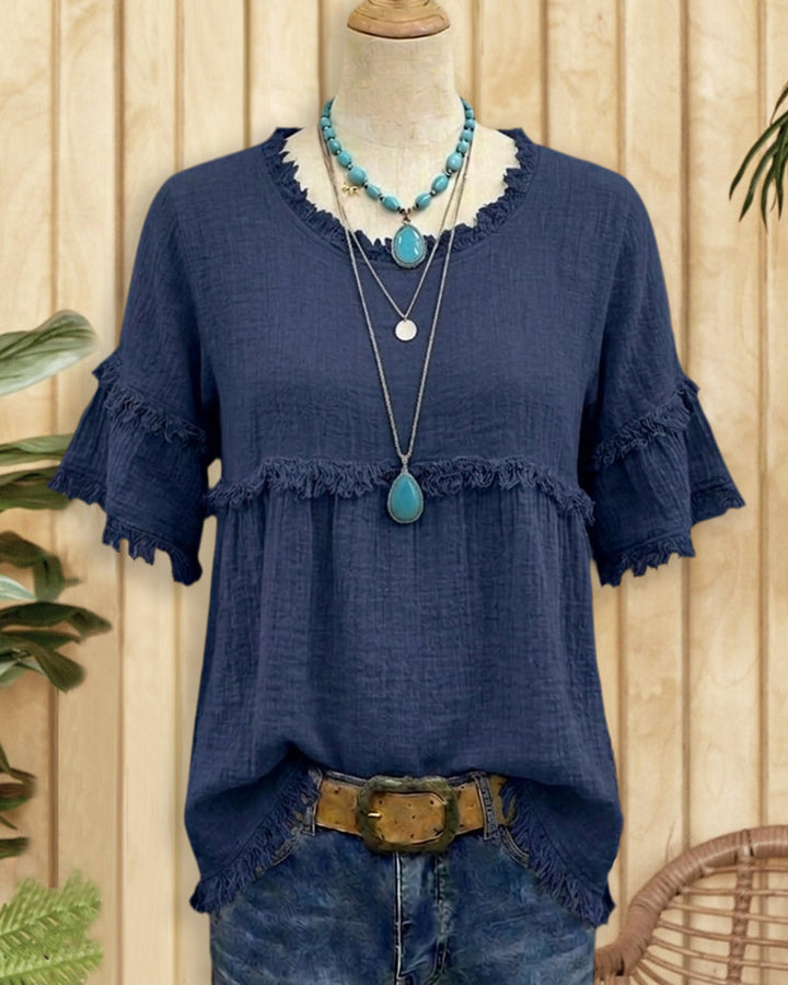 Solid Color Casual Round Neck Tassel Trim Blouse