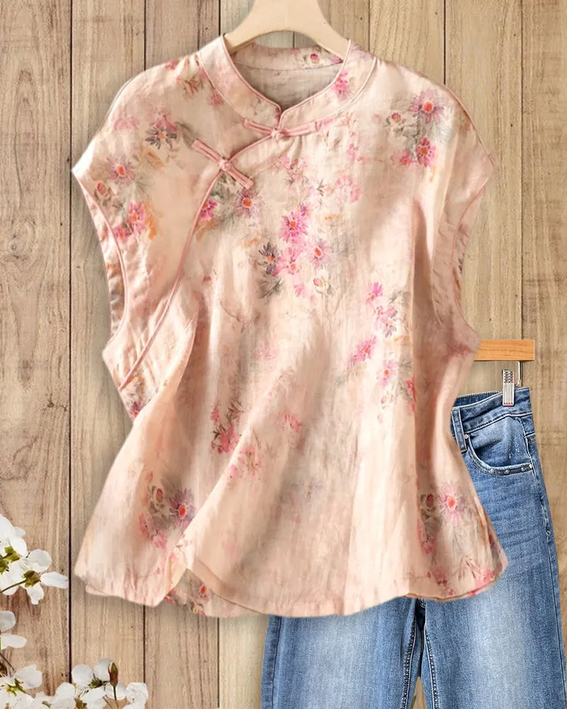Mandarin Collar Frog Button Loose Printed Cap Sleeve Blouse