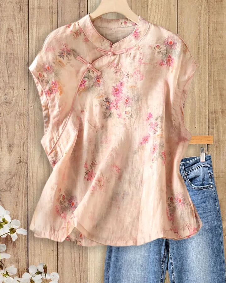 Mandarin Collar Frog Button Loose Printed Cap Sleeve Blouse