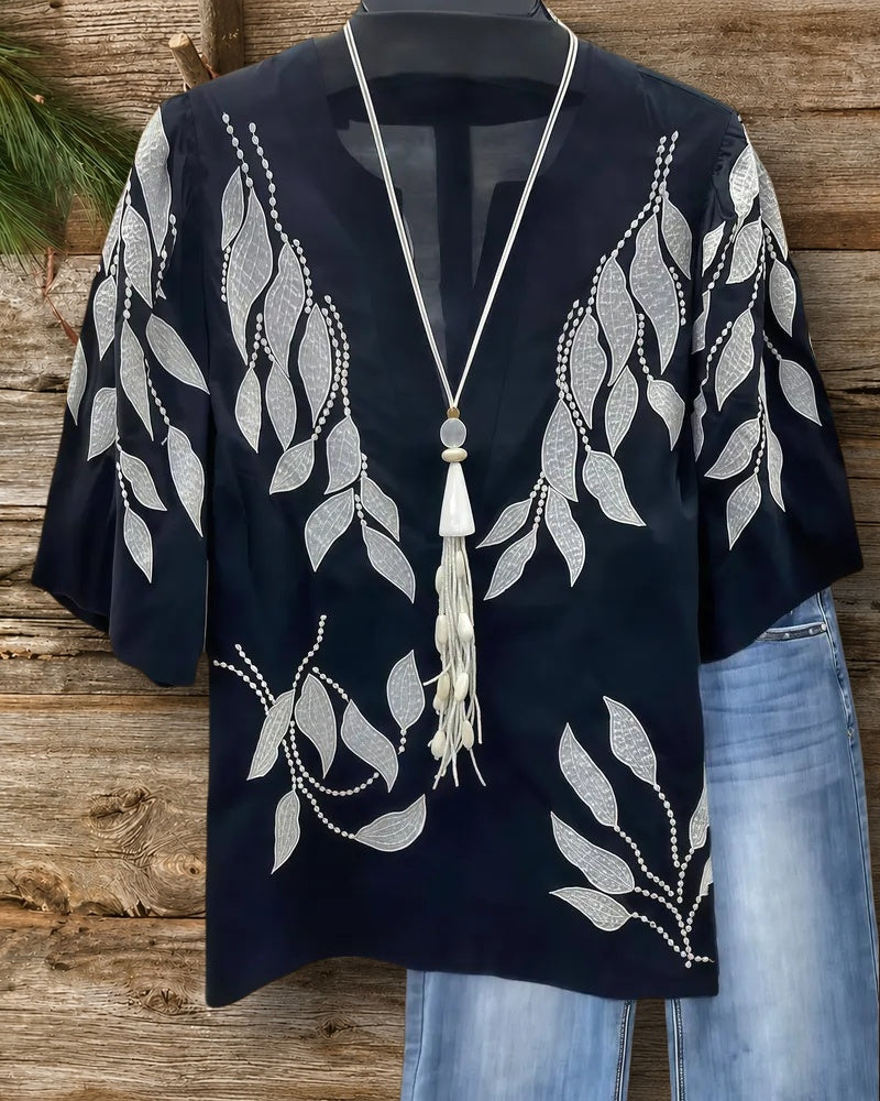 Leaf Embroidery Puff Sleeve Elegant V Neck T-Shirt