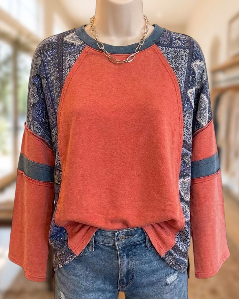 Patchwork Paisley Raglan Sleeve Exposed Seam Crew Neck Sweatshirt