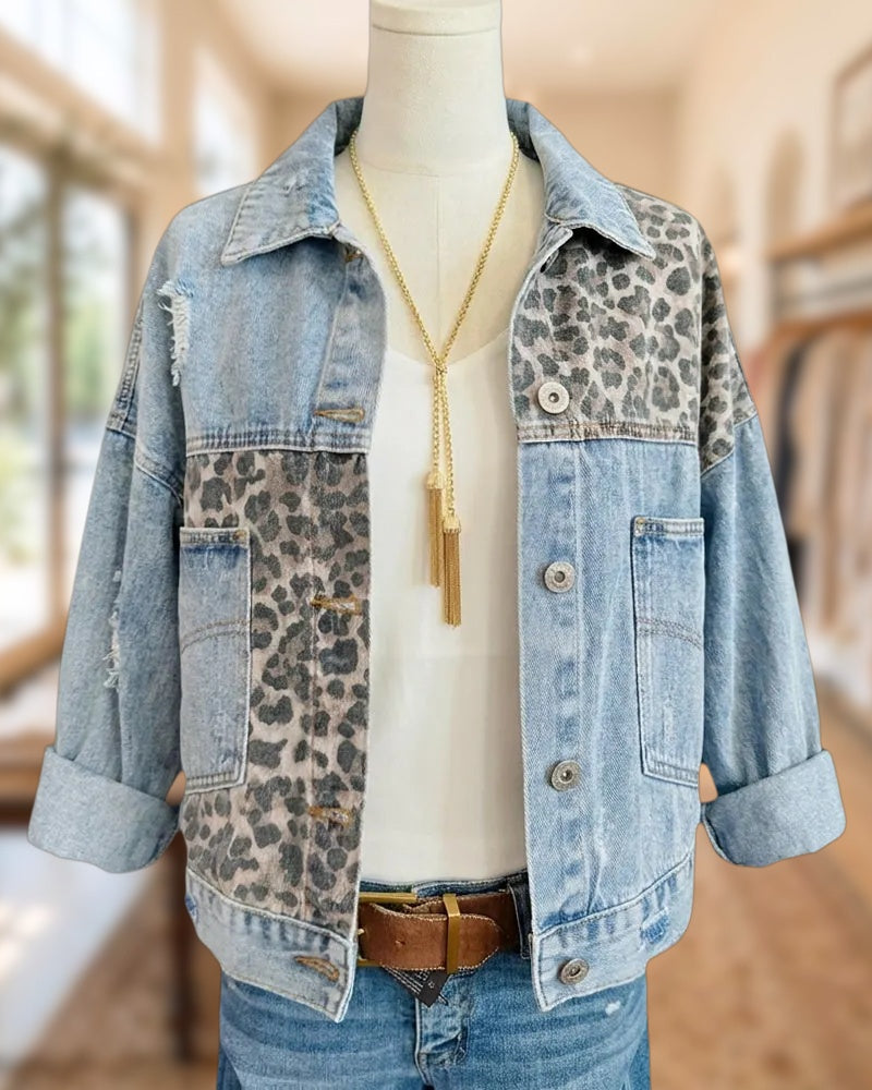 Distressed Leopard Patchwork Ripped Button Front Denim Jacket