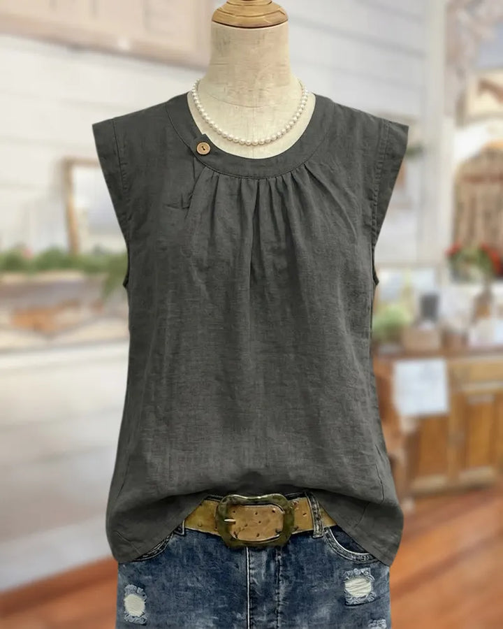 Round Neck Button Accent Cap Sleeve Loose Casual Blouse