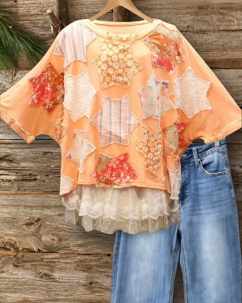 Printed Star Applique Print Modern Batwing Sleeve T-Shirt (Without Liner)