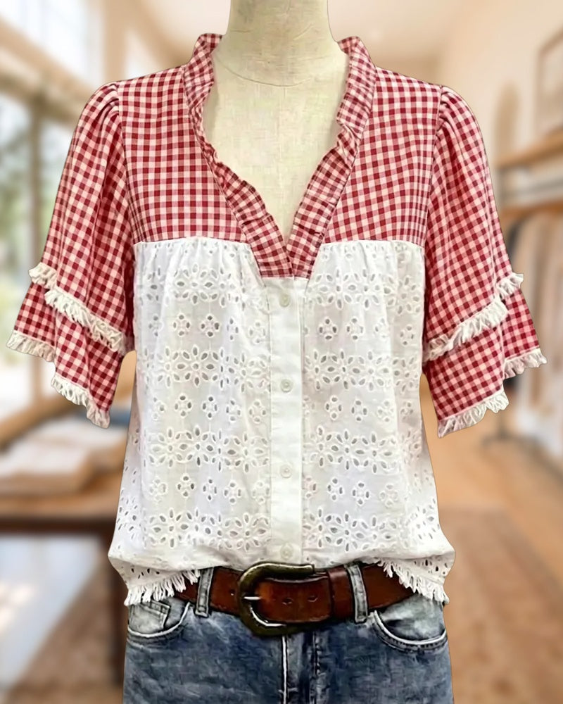 Gingham Patchwork Eyelet Ruffled Sleeve V-Neck Button Front Blouse