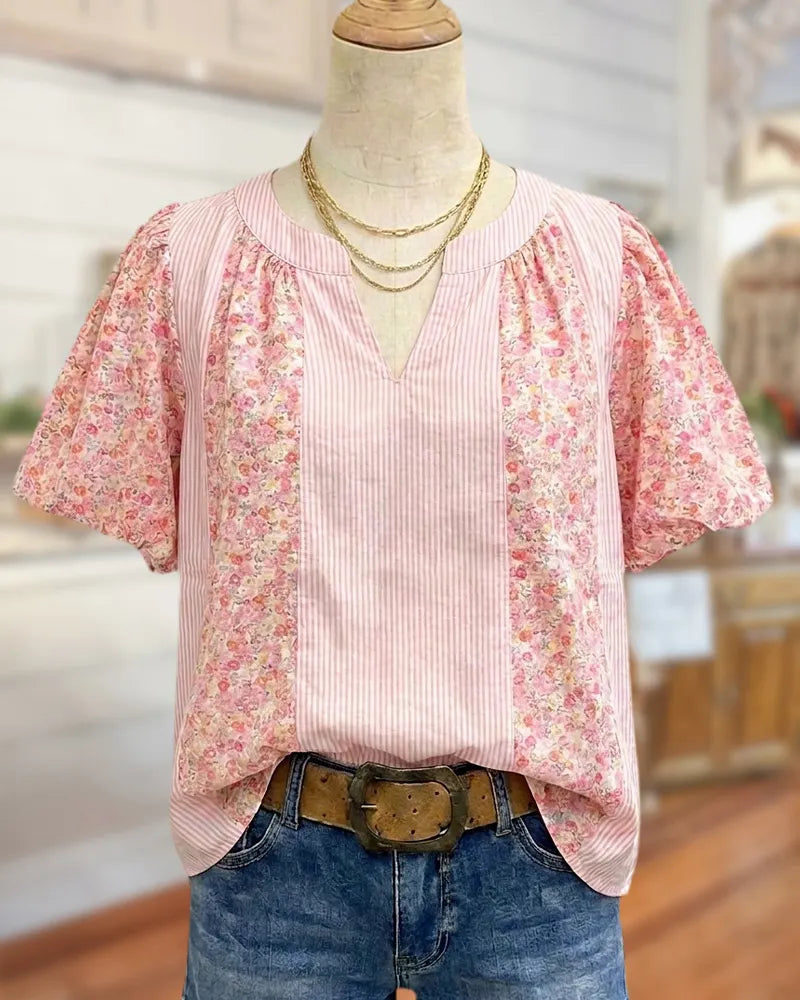 Floral Striped Patchwork V Neck Short Sleeve Casual Blouse