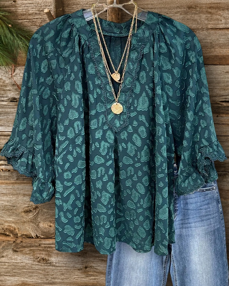Leopard Print V Neck Ruffle Sleeve Loose Flowy Casual Blouse
