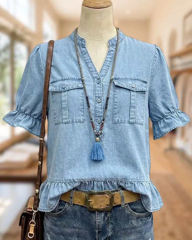 Ruffled Sleeve Hem Half Button Placket Flap Pocket Blouse