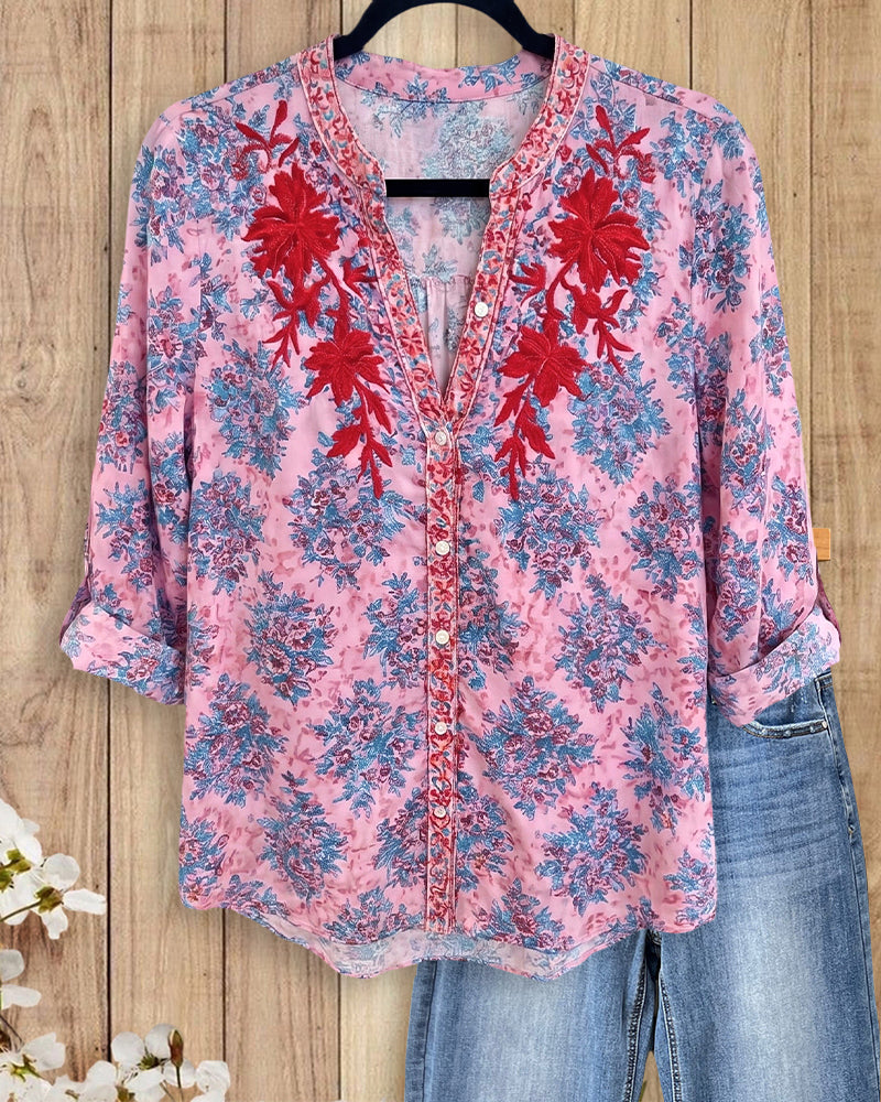 Mandarin Collar Embroidered Floral Button Front Roll Cuff Blouse
