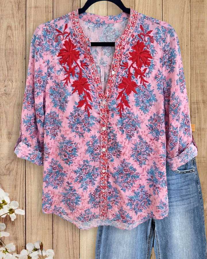 Mandarin Collar Embroidered Floral Button Front Roll Cuff Blouse