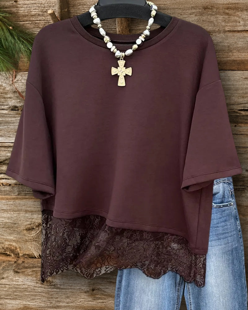 Crew Neck Lace Trim Casual Drop-Shoulder T-shirt