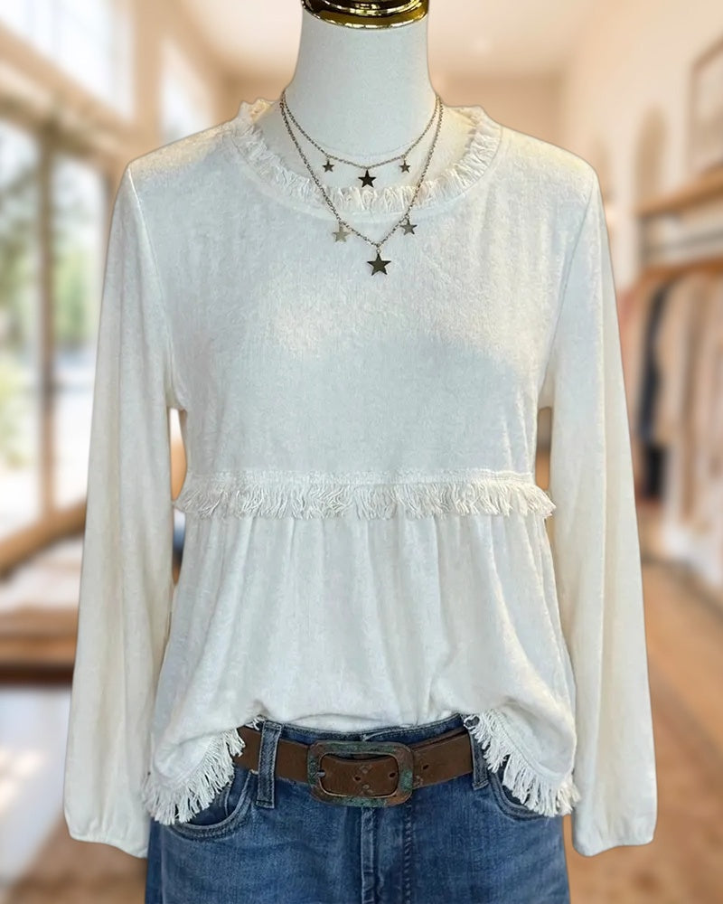 Fringe Trim Ruffled Neck Long Sleeve Relaxed Fit Blouse