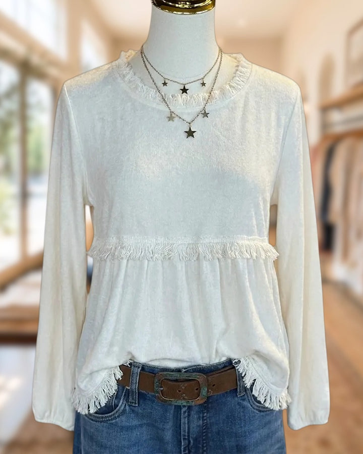 Fringe Trim Ruffled Neck Long Sleeve Relaxed Fit Blouse