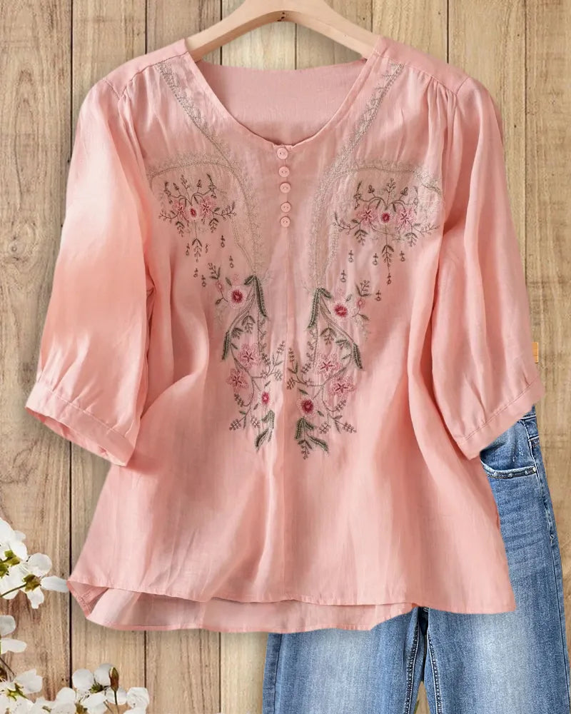 Floral Embroidered V-Neck Button Front Half Sleeve Loose Blouse