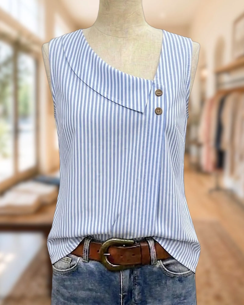 Striped Asymmetric Neck Button Detail Sleeveless Casual Tank Top