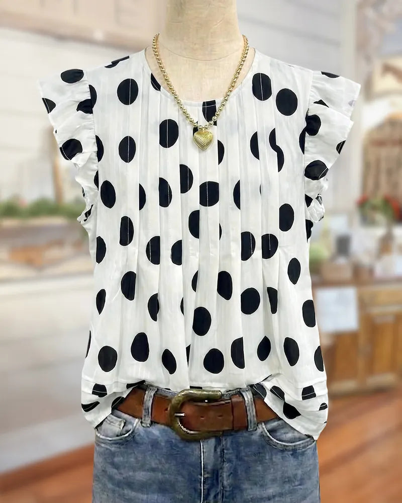 Polka Dot Ruffle Sleeve Pleated Tiered Hem Blouse