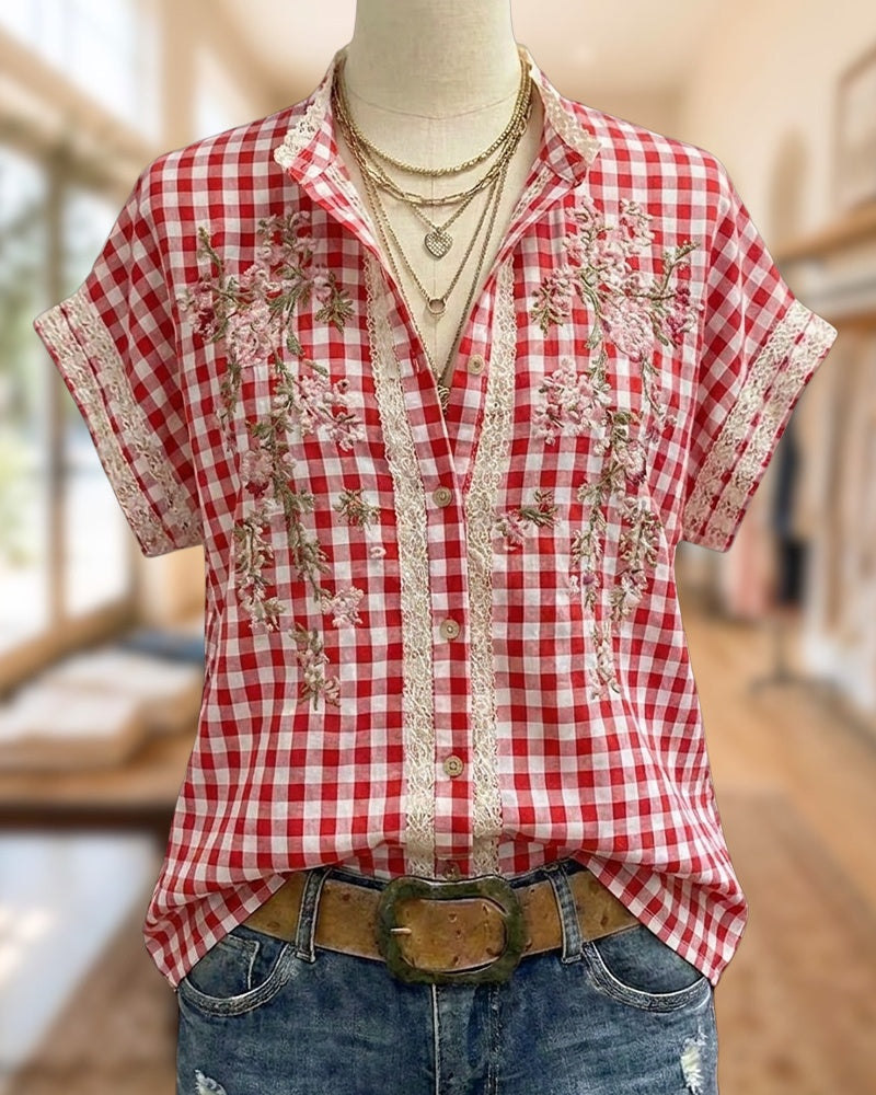 Gingham Plaid Embroidered Lace Trim Short Sleeve Button Up Blouse