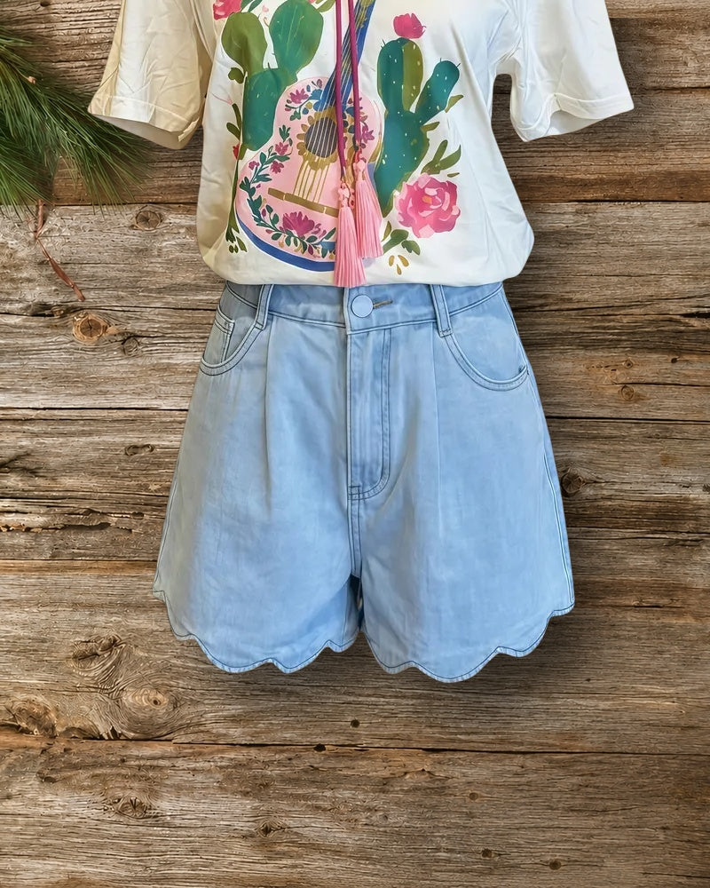 Solid Color Denim Girly Scalloped Hem Shorts