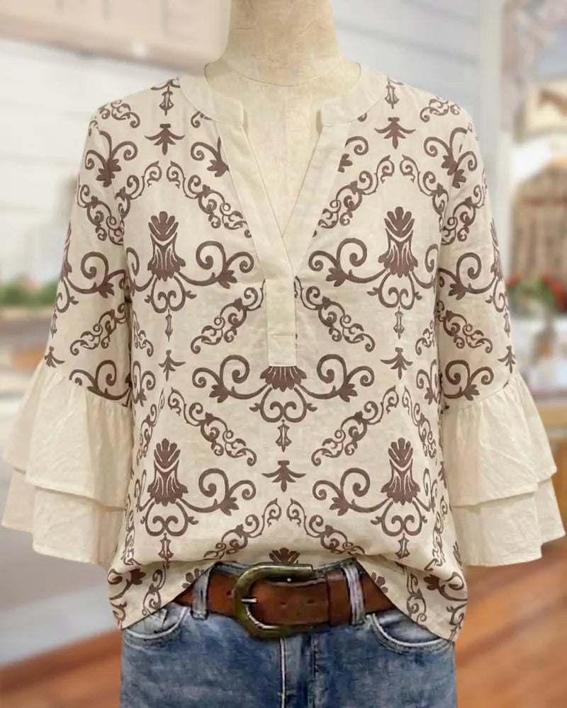 Polka Dot V Neck Tiered Flare Sleeve Casual Blouse